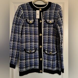 Ann Taylor Blue and White Tweed Sweater Blazer with Gold Accents